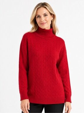 Talbots Red Merino Wool Cable Knit Turtleneck Sweater Size Large